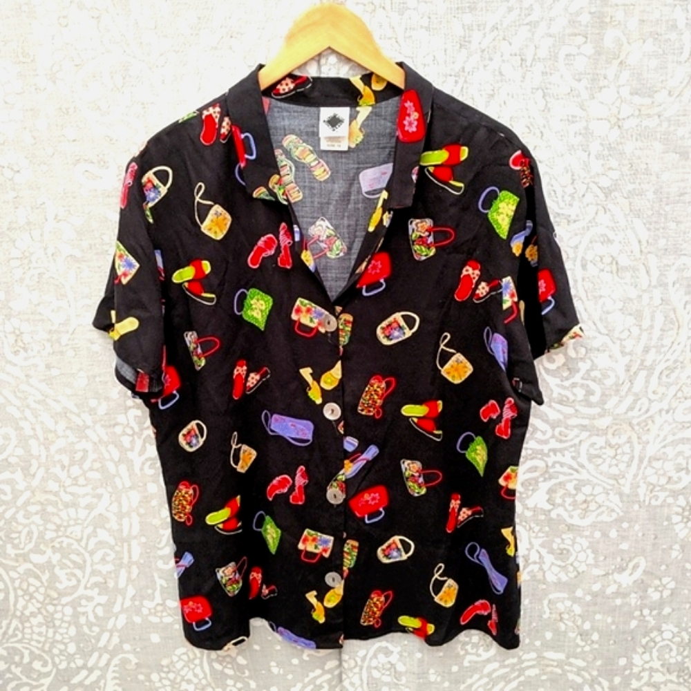 Vintage Rayon Novelty Button Top with Colorful Purses